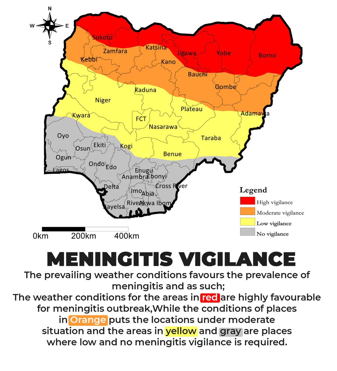 The prevailing weather conditions favours the prevalence of meningitis and as such;
The weather conditions for the areas in red are highly favourable for meningitis outbreak,
While the conditions of places in Orange puts the locations under moderate situation and the areas