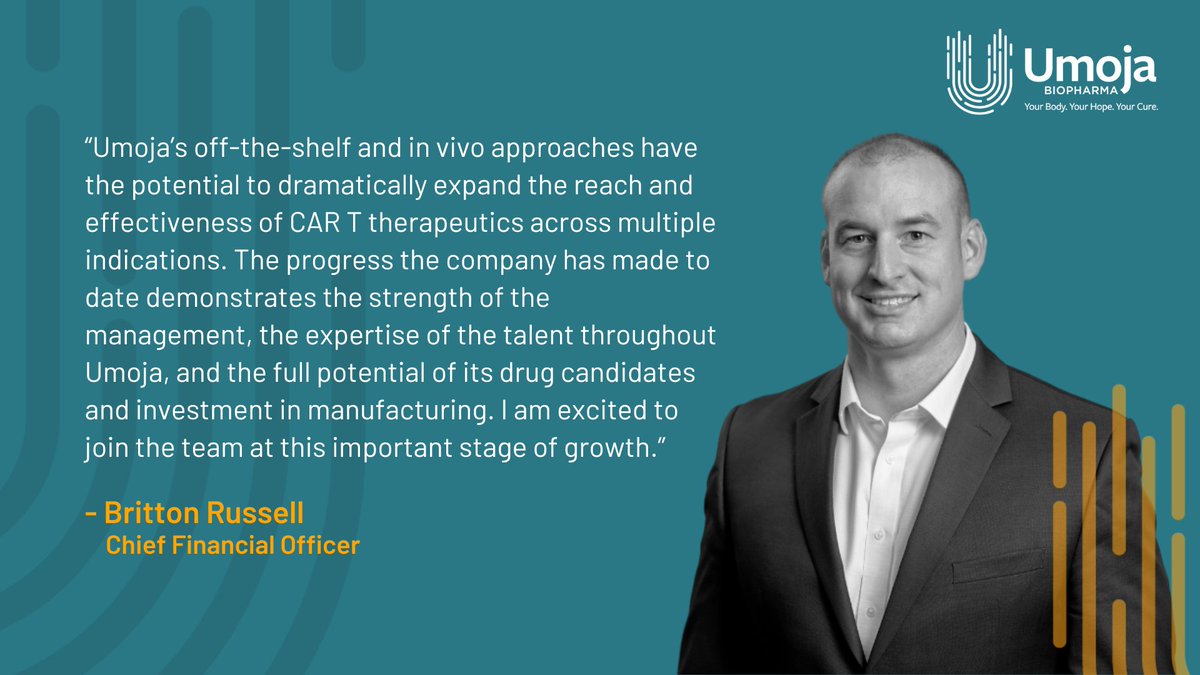 We’re excited to announce the appointment of Britton Russell as our Chief Financial Officer. His leadership will be key as we expand the reach and effectiveness of #CARTcell therapeutics across multiple indications. Learn more here: umoja-biopharma.com/news/umoja-bio…
