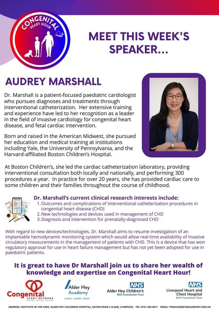 Alder Hey Academy (@alderheyacademy) on Twitter photo We are delighted to share that we have Dr Audrey Marshall joining us live from <a href="/SickKidsNews/">The Hospital for Sick Children (SickKids)</a> in Toronto for this week's Congenital Heart Hour🫀🇨🇦
This is a FREE talk that you don't want to miss!
To sign up: forms.office.com/e/dYUiri9kew We are delighted to share that we have Dr Audrey Marshall joining us live from <a href="/SickKidsNews/">The Hospital for Sick Children (SickKids)</a> in Toronto for this week's Congenital Heart Hour🫀🇨🇦
This is a FREE talk that you don't want to miss!
To sign up: forms.office.com/e/dYUiri9kew