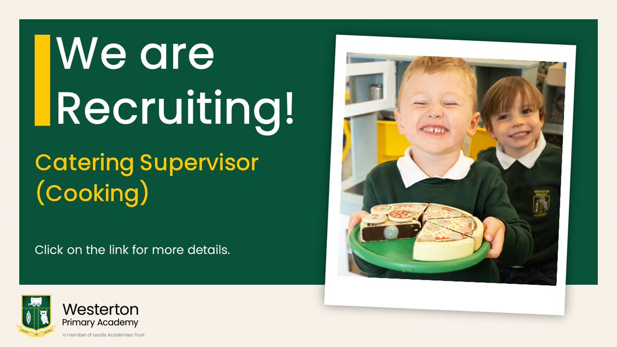 Westerton Primary Academy are currently recruiting for a Catering Supervisor (cooking). 

If you would like more information, please click on the link: bit.ly/48Bgm8B

The closing date is: Monday 11 March at 9.00am.

#ForgingYoungFutures