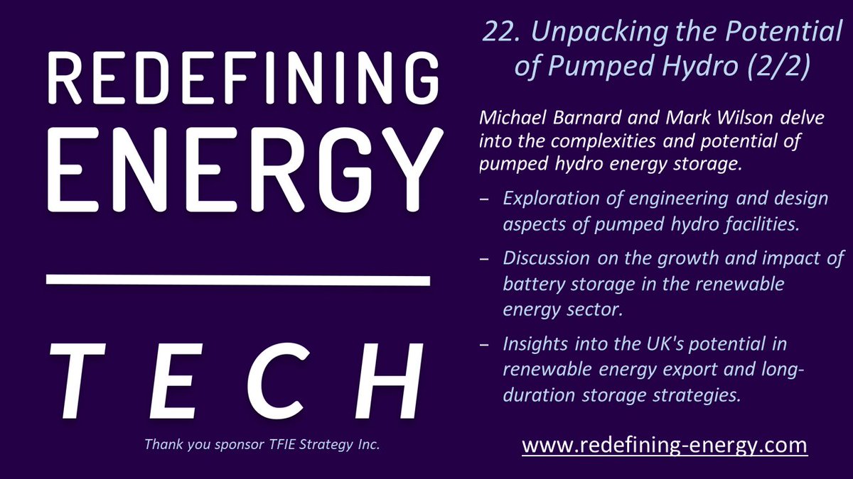 🎤Redefining Energy TECH Ep22:        
Unpacking the Potential of Pumped Hydro (2/2)
#applepodcasts podcasts.apple.com/gb/podcast/red…
 #Spotify open.spotify.com/show/5wwTdK7Tm…
Host @mbarnardca discusses #pumpedHydro with ILI's Mark Wilson (part 2/2)