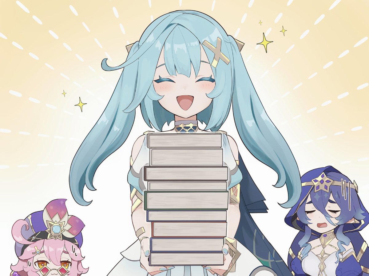 faruzan (genshin impact) ,layla (genshin impact) multiple girls closed eyes book book stack twintails blue hair holding  illustration images