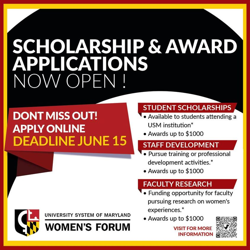 USMWomensForum's tweet photo. The @USMWomensForum celebrates the achievements of @Univ_System_MD through our awards and scholarships program! 🔥🗣️

Applications are now open! We offer scholarships, staff development, and faculty research awards! Don't miss out, apply now! 📢 https://t.co/YWYtnbbg1f https://t.co/TJPTpqJ5XH