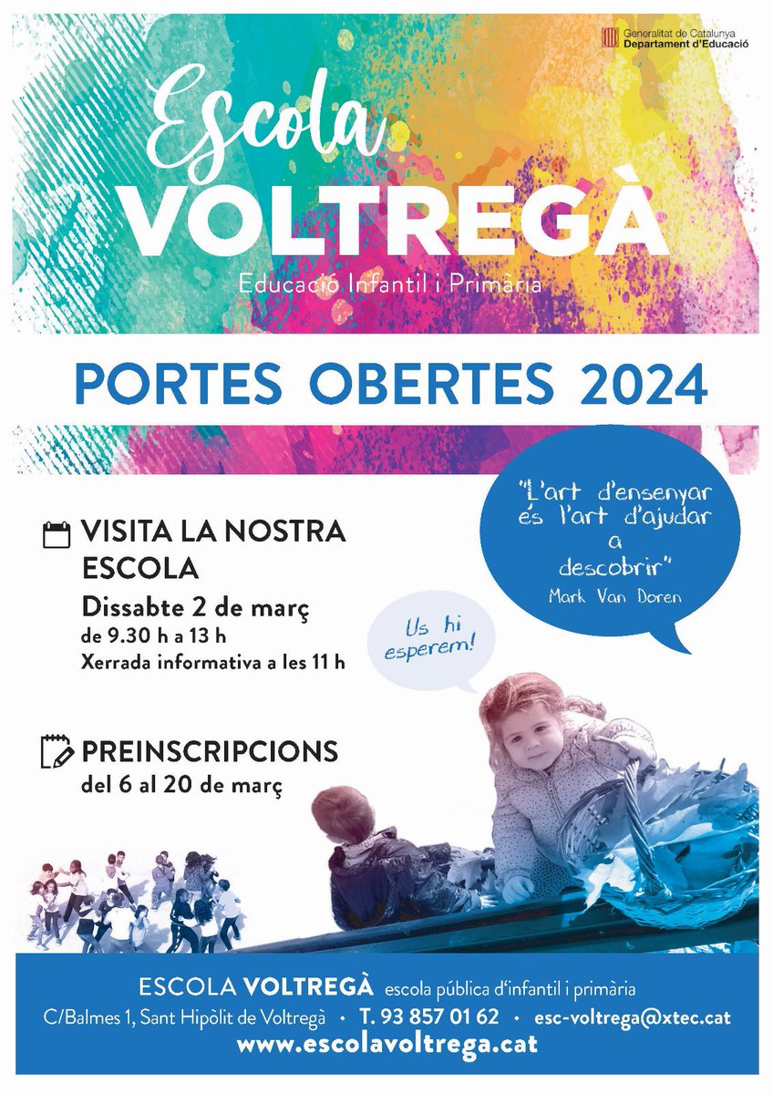 EscolaAfa's tweet photo. Portes Obertes a l'Escola Voltregà

VISITA LA NOSTRA ESCOLA @evoltrega 

Dissabte 2 de març
de 9.30 h a 13 h
Xerrada informativa a les 11 h https://t.co/RvBFUhkea2