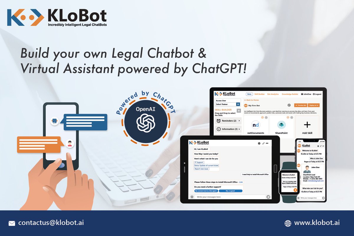 KLoBot is a chatbot builder platform that simplifies human-machine interactions via intuitive conversational user interfaces.  klobot.ai #chatbot #chatbots #legalops #legaltech #lawtech #legal #ai #lawfirm #legalfirm #law #innovation #intelligence #it #itsolutions