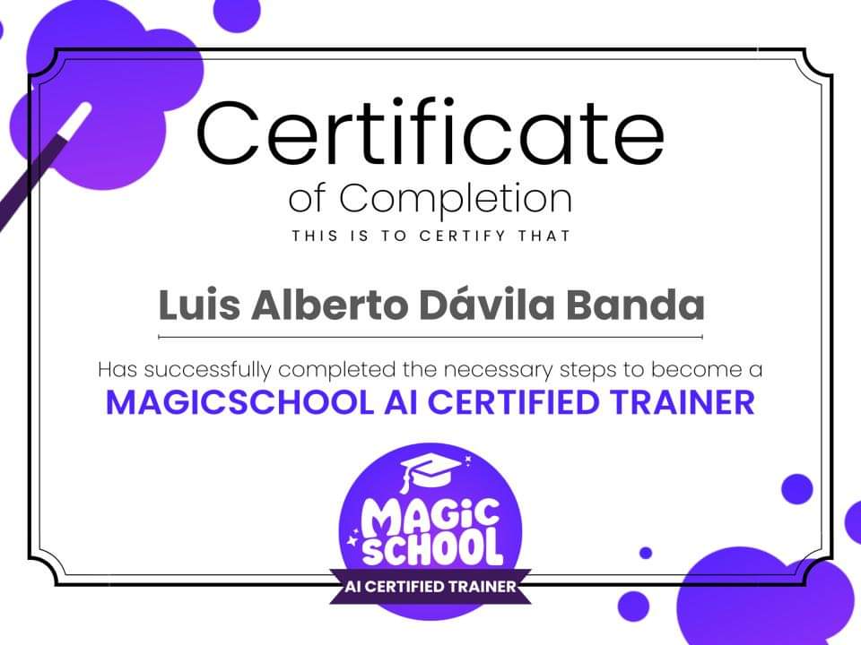 Un pasito más, ¡ahora soy MagicSchool.ai AI Certified Trainer! Con <a href="/magicschoolai/">MagicSchool AI 💜 🪄✨</a> lleva tus clases a otro nivel.
Conoce más sobre #MagicSchool👉app.magicschool.ai/tools.
<a href="/CeroCompetencia/">CompetenciaDigitalCero</a> <a href="/igrezan/">grezan</a> <a href="/javiprada1/">Javier Prada</a> <a href="/heribertopz21/">Heriberto Prieto</a> <a href="/adeelorama/">Adeel @ MagicSchool AI</a> <a href="/PaquiCarmona/">🅟🅐🅠🅤🅘 🅒🅐🅡🅜🅞🅝🅐 🅛🅤🅝🅐</a> <a href="/AnnMaryMoreno/">Ana Moreno</a>