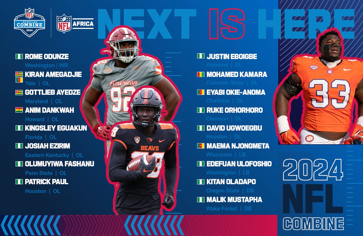 17 players with African ties will be participating in the 2024 @NFL Scouting Combine! Drop your country's flag in the replies to let them know Africa is rooting for them