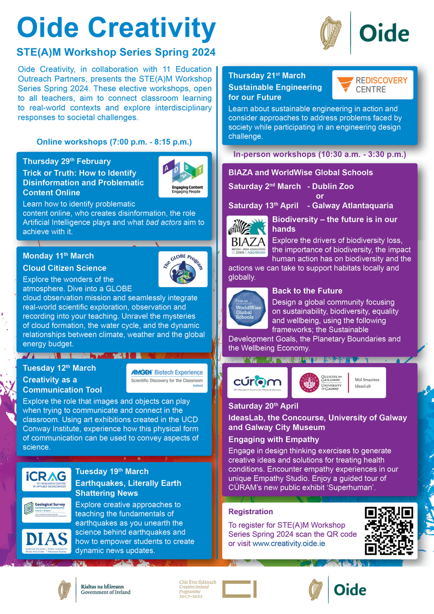 Oide_Creativity's tweet photo. STE(A)M workshop series begins this week! Lots of workshops, online and in-person opportunities! We are engaging with a range of 11 partners, connecting classroom learning to real-world contexts. Browse the flyer and visit our website to register: https://t.co/W1Yskk9GBI https://t.co/D0Klf5pjdA