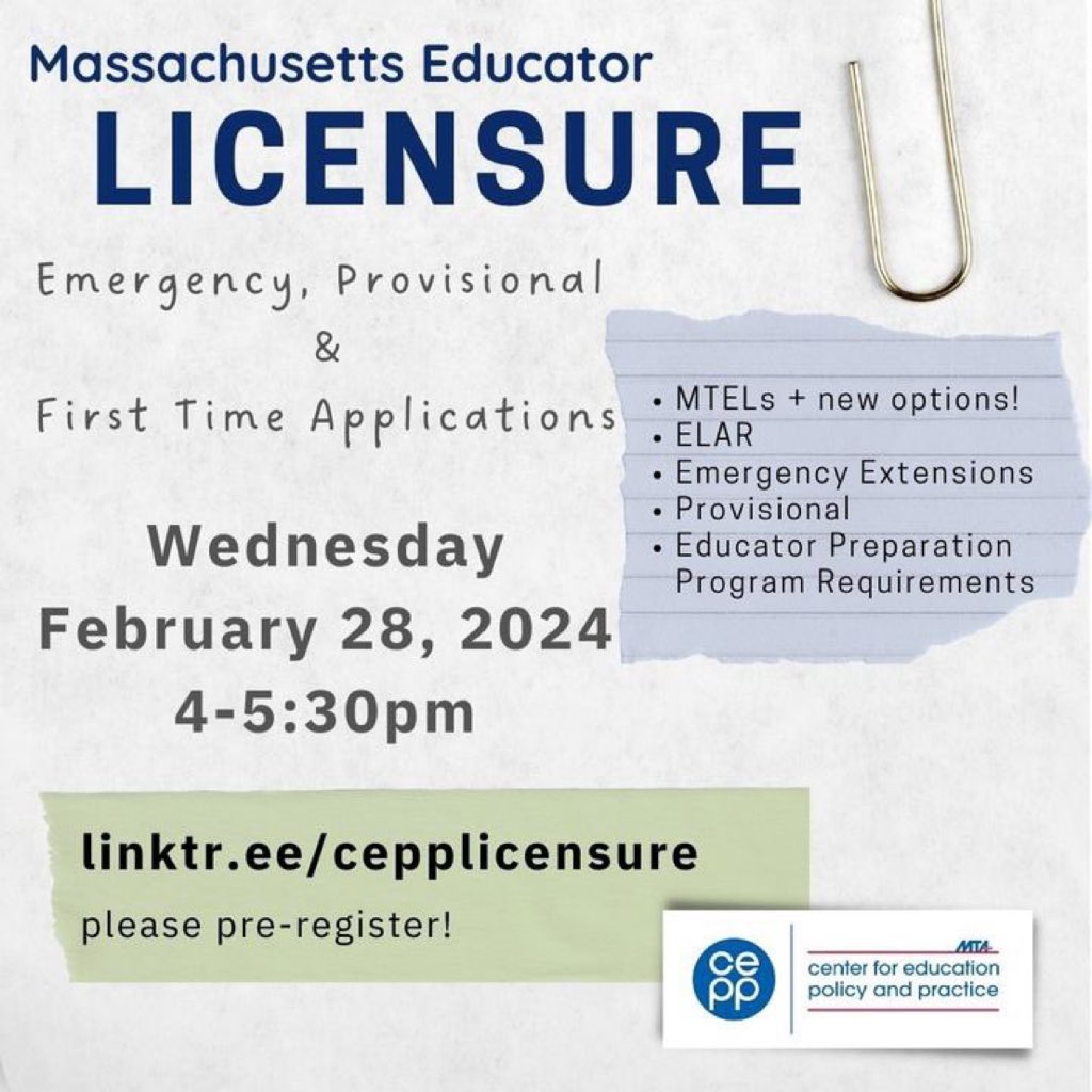 massteacher's tweet image. Our licensure workshop is TODAY at 4 p.m.! 🗓️ 💻 This is an excellent opportunity for Education Support Professionals seeking a  teaching license and educators w/ emergency or provisional licenses. Register now! Free &amp;amp; online. web.cvent.com/event/f98187a9…