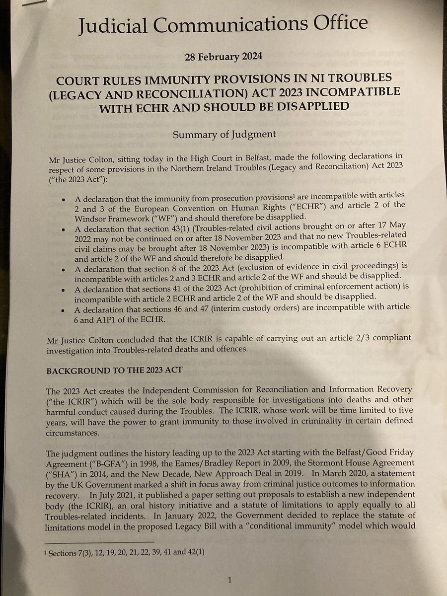 The British Govt made no secret of the fact that this legislation was primarily about delivering commitments to protect army veterans from prosecutions. This core objective is shattered in light of todays judgment by Justice Colton! The Legacy Act should be repealed immediately!