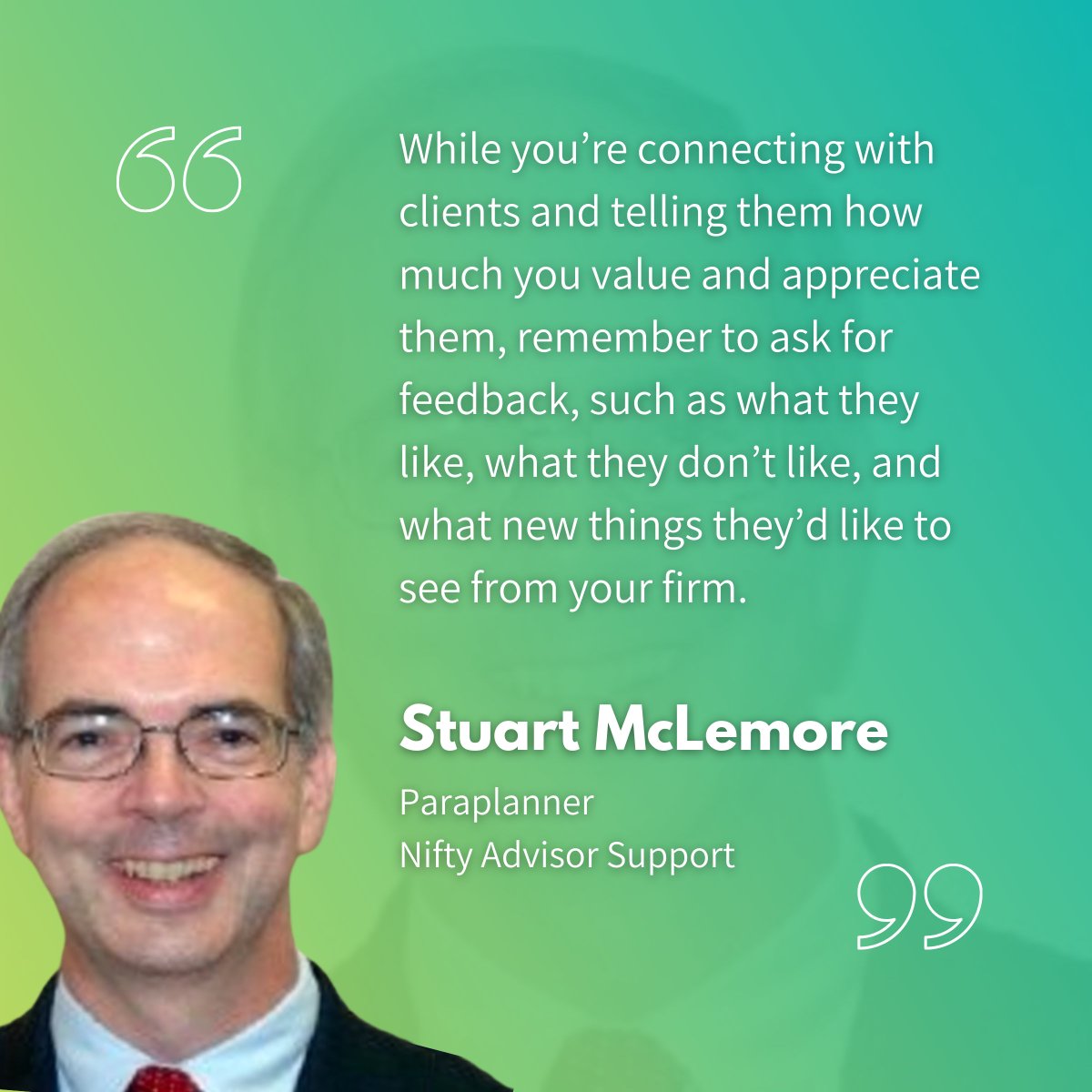 Fostering meaningful client relationships is a dynamic exchange, and Stuart, our dedicated Paraplanner at Nifty, recognizes the essence of this mutual connection.

#clientengagement #feedbackmatters #buildingconnections