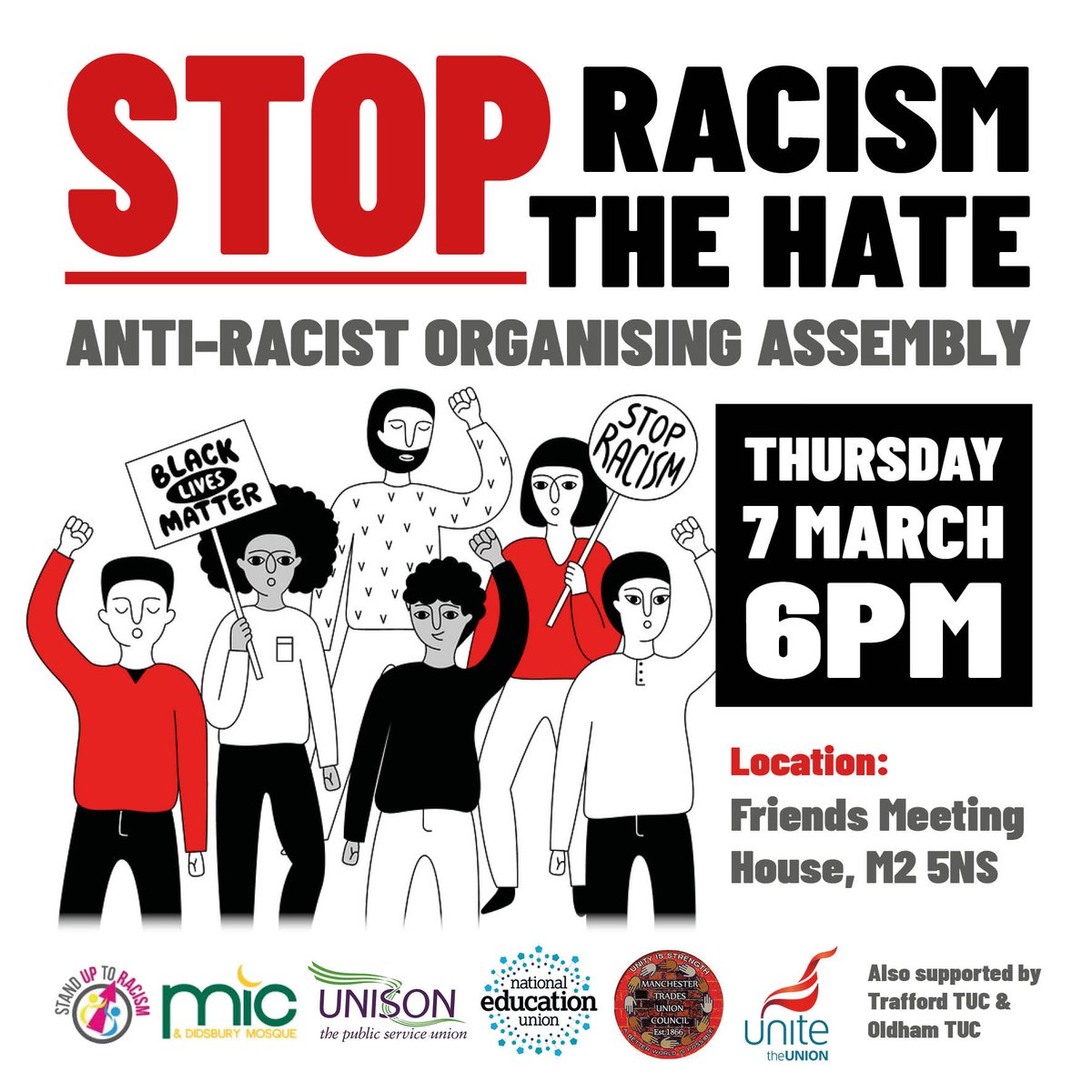 ✊🏾Make sure you are coming to the Manchester Assembly Against Racism! The appalling racism & hate from the Tories and far-right must be stopped. This assembly brings together a coalition of anti-racists, join us! Includes breakout groups, action planning and speeches 1/2🧵