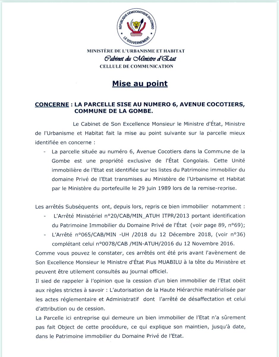 MuabiluMMPius's tweet image. Mise au point concernant la parcelle sise au numéro 6, avenue cocotiers dans la commune de la Gombe. 
#PMMM 
#RDC
