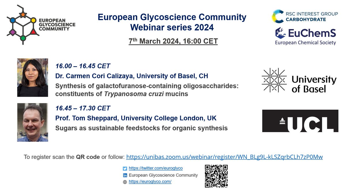 📢We are happy to announce the next EGC webinar on 07/03 at 4 PM CET! Join Carmen Cori Calizaya (@UniBasel_en) & Tom Sheppard (@ucl) for an afternoon of glycochemistry 👩‍🔬👨‍🔬⚗️#glycotime Register: tinyurl.com/2nkvys65 @ozglyco @glycoworld @glyconet_nce @acs_carb @EuChemS