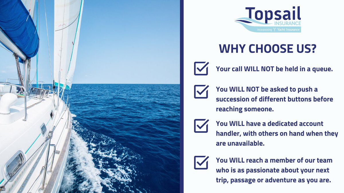 Why choose Topsail Insurance?
✅ No waiting in queues
✅ Reach one of our team easily
✅ Dedicated account handler
✅ Experienced team

Find out why Topsail is the trusted choice by so many here > topsailinsurance.com/about-us/   

#Sailing #BoatInsurance #TravelInsurance