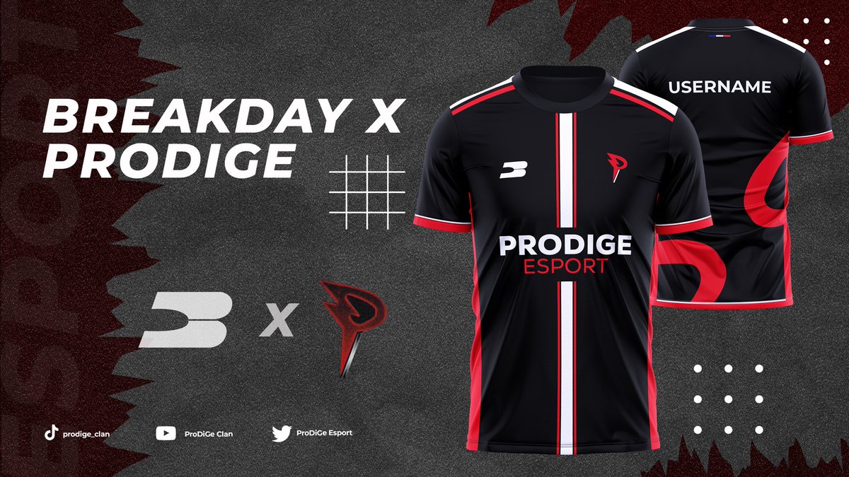ProDiGeEsport's tweet photo. Bonjour ,
C'est avec fierté que nous annonçons notre partenariat avec @BreakDayTM 

Grâce à eux, nos maillots sont disponibles sur leur boutique en ligne : 

https://t.co/qdbHB12jrC

Profitez également de 10% de réduction sur votre commande avec notre code "PRODIGE10" valable 7j. https://t.co/aOcgMc3jJk