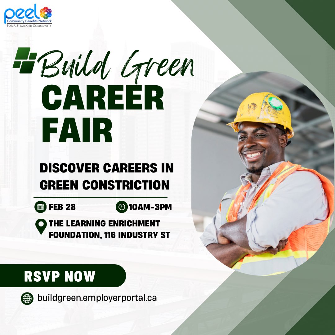 📣 Happening today: Build Green #Construction Fair!

Discover #careers in #GreenConstruction and learn about sustainable building techniques. 🌿 

Doors open soon, so RSVP now! Start your career in the #SkilledTrades & #sustainability. ➡️ buildgreen.employerportal.ca