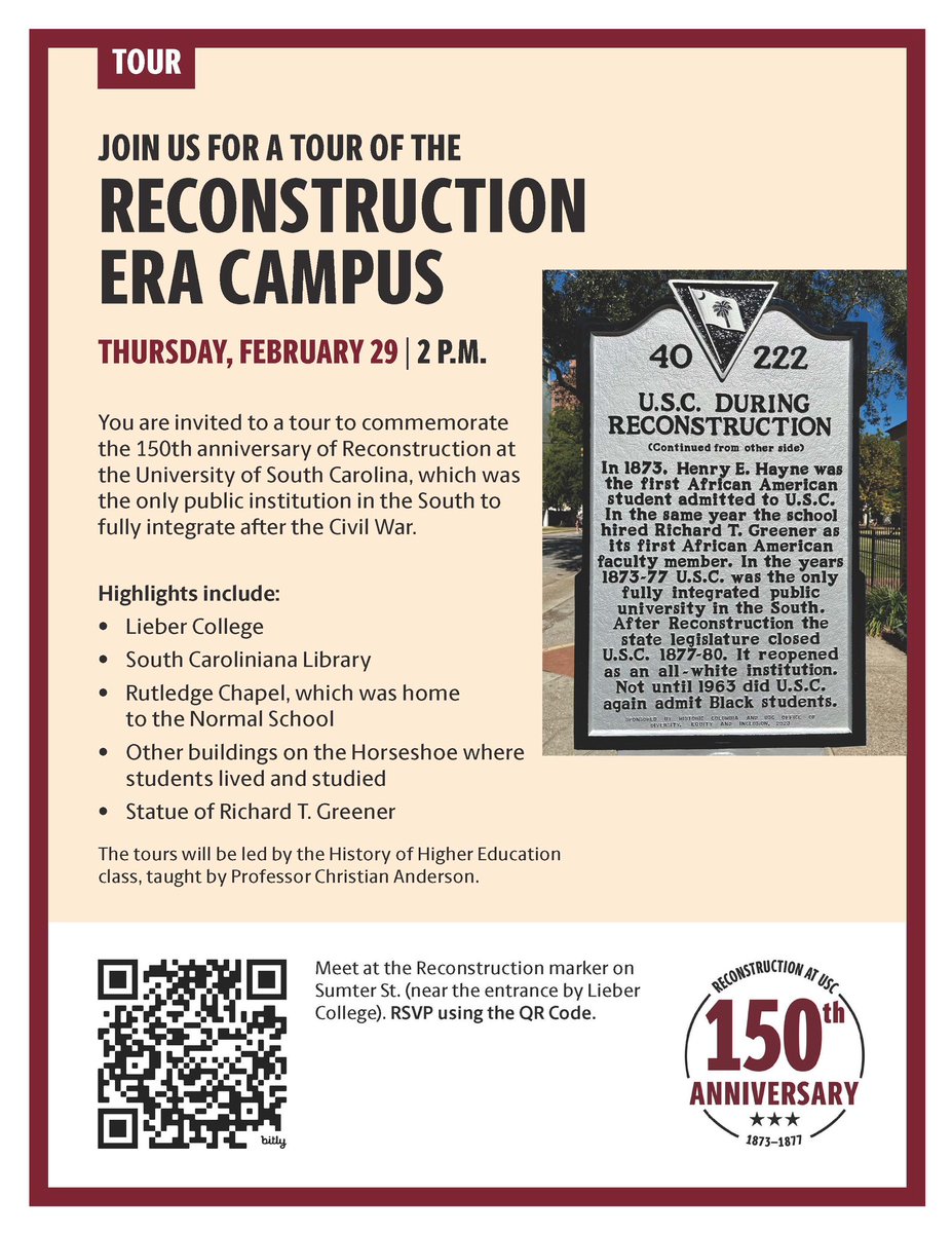 South Caroliniana Library (@uofscaroliniana) on Twitter photo Join Professor Christian Anderson, and <a href="/UofSCEducation/">USC Education</a>, tomorrow, February 29, at 2pm for a tour of the horseshoe. Learn more about what campus was like when the University was desegregated for the first time in 1873. Join Professor Christian Anderson, and <a href="/UofSCEducation/">USC Education</a>, tomorrow, February 29, at 2pm for a tour of the horseshoe. Learn more about what campus was like when the University was desegregated for the first time in 1873.