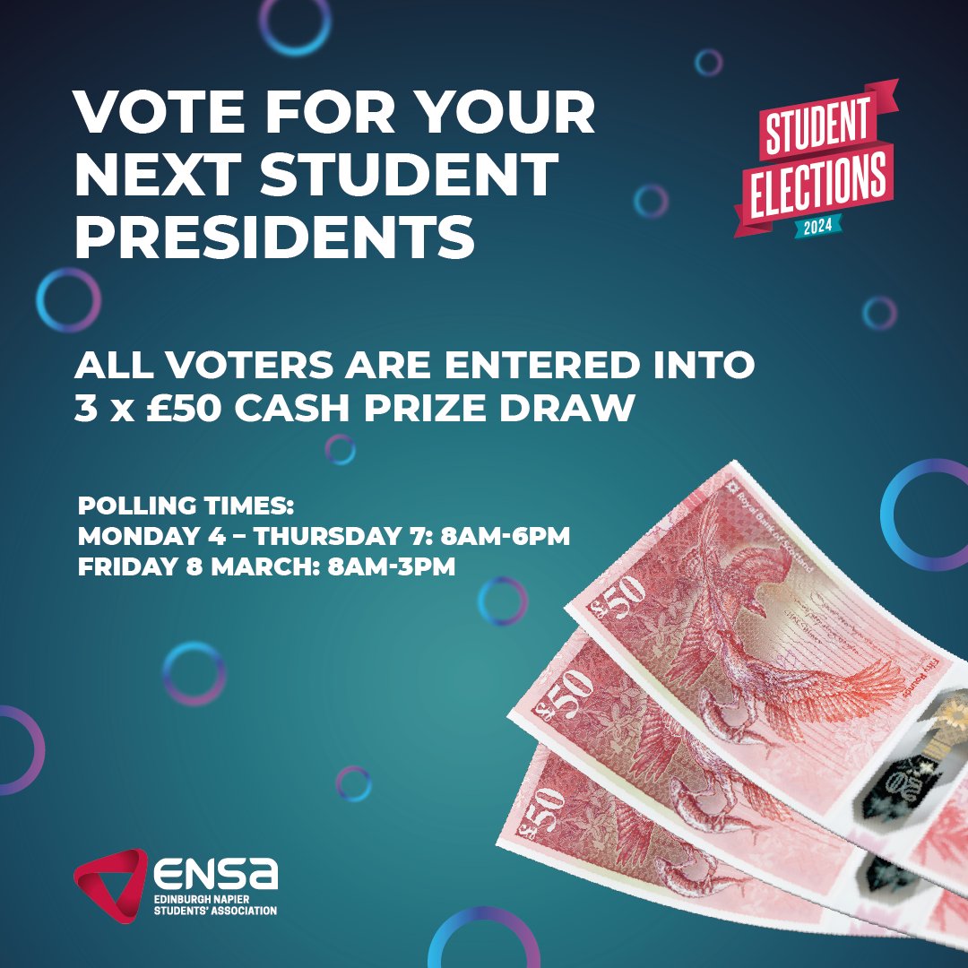 Polls are now open for ENSA’s Student Elections. Have your say on who you want to represent you in 24/25. When you vote, you will be entered into our prize draw - there are 3 x £50 cash prize up for grabs! 

📢Manifestos: napierstudents.com/elections
❌Vote: napierstudents.com/vote