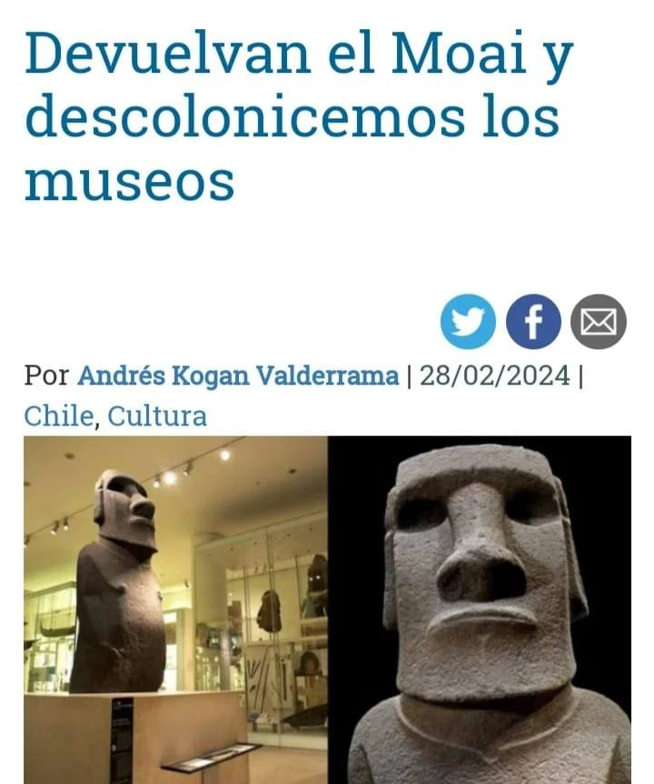 "Por supuesto, devuelvan el Moai robado, pero siempre viéndolo como parte de un proceso de descolonización en todo el planeta, que se conecta con otras experiencias negadas hasta el día de hoy" 
rebelion.org/devuelvan-el-m…
<a href="/AlbertoAcostaE/">Alberto Acosta</a> <a href="/SvampaM/">Maristella Svampa</a> <a href="/EGudynas/">Eduardo Gudynas</a>