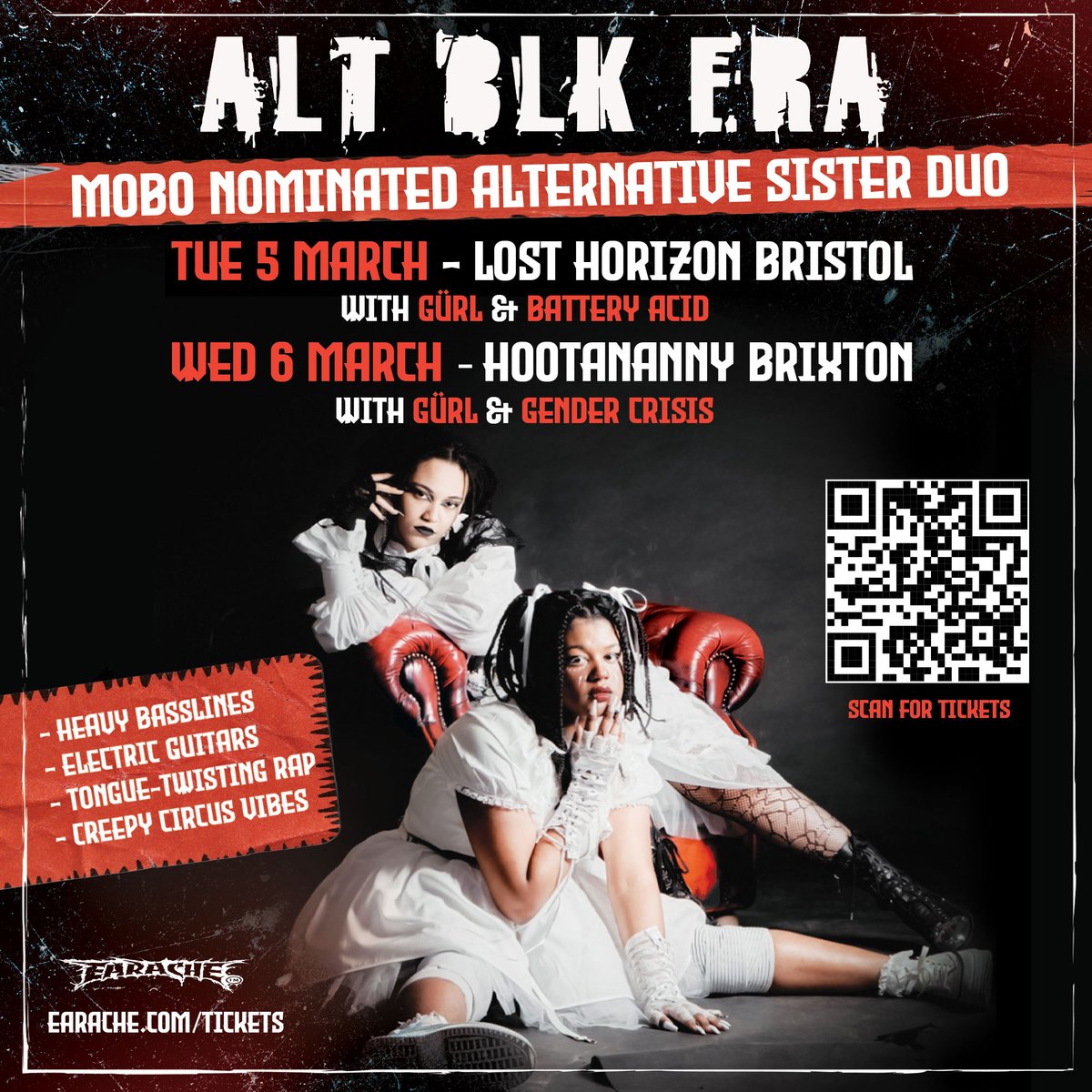 Low ticket warning⚠️ Witness the @MOBOAwards-nominated Alt sister duo @ALTBLKERA live and loud next week in Bristol (Lost Horizon, 5 Mar) and London (Hootananny Brixton, 6 Mar) for only £11! 😲 Head to earache.com/tickets to grab one of the final remaining tickets now!🎟️