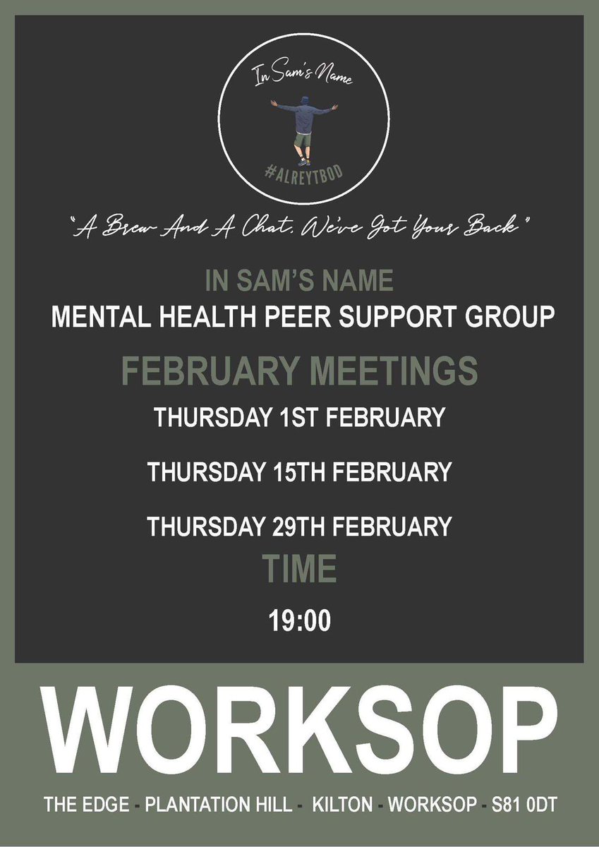 Our final two meets this month takes place tonight and tomorrow evening for our male Ollerton and Worksop groups. In Sam’s Name is a safe place totalk, so why not come along to one of these or keep an eye out for our March meets. #mentalhealth #ollerton #worksop #bassetlaw