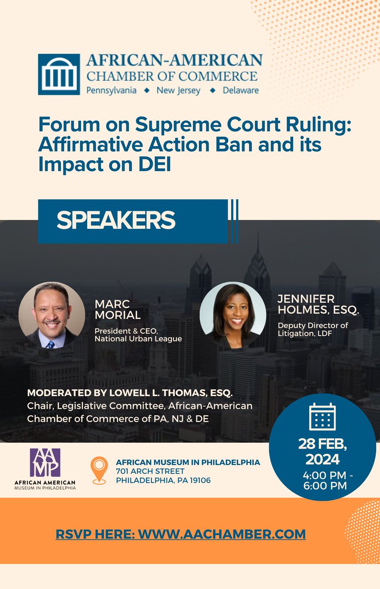 Excited to host today's sold-out event with @official_AACC, discussing the recent Supreme Court ruling on affirmative action and its impact on #DEI. Moderated by Lowell L. Thomas, ESQ., with speakers Marc Morial, President and CEO of @NatUrbanLeague, and Jennifer Holmes, ESQ