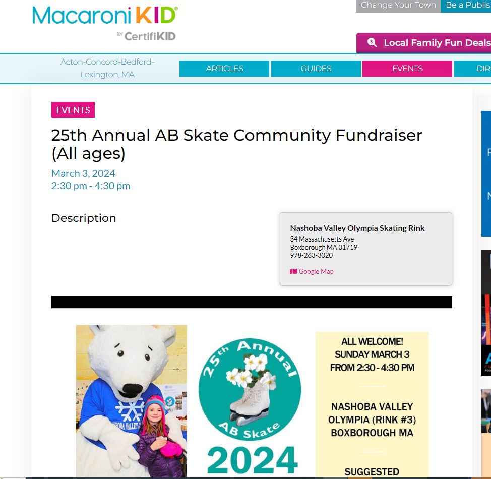 <a href="/LexMacKid/">Macaroni Kid Acton Concord Bedford Lexington MA</a> Is our 3/3 2024 Annual Skate ⛸️FUNdraiser (2:30-4:30pm) <a href="/NashobaSkate/">Nashoba Valley Skate</a> Boxborough again a 'top' thing to do this week on Macaroni Kids? 💙💛.  A local food drive too! 
ALL proceeds support local causes thanks to local business sponsors! 
#ABCommunitySkate <a href="/Middlesexwest/">The Tribe</a>