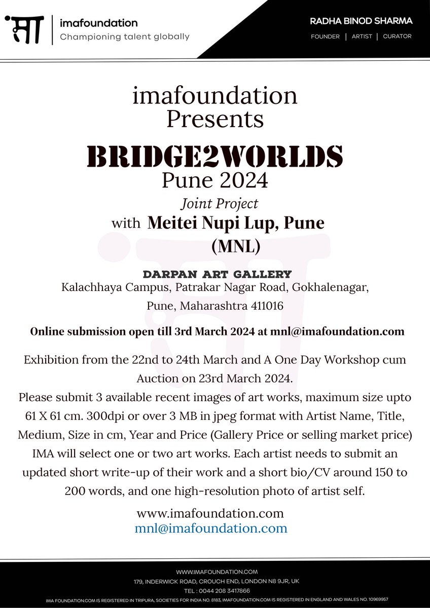 Art work Submissions are open: BRIDGE2WORLDS Pune 2024. Art Exhibition, Workshop, Auction for more than 50 Women Artists from Maharashtra and parts of India. Date: 22nd to 24th March, 2024
#meiteinupilup #womenartist #imafoundation #bridge2worlds #pune