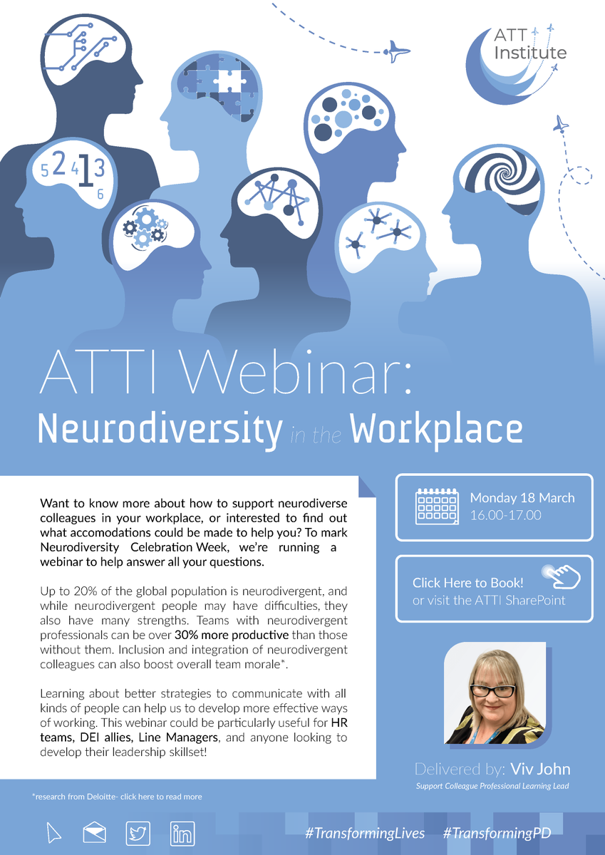 ❓Did you know that up to 20% of the population is considered neurodivergent*❓ @VivJohnHRBP is holding a 'Neurodiversity in the Workplace' webinar, 4pm on 18.03.24, to help @AcademyTrust colleagues develop inclusive communication strategies🧠 #TransformingPD #TransformingLives