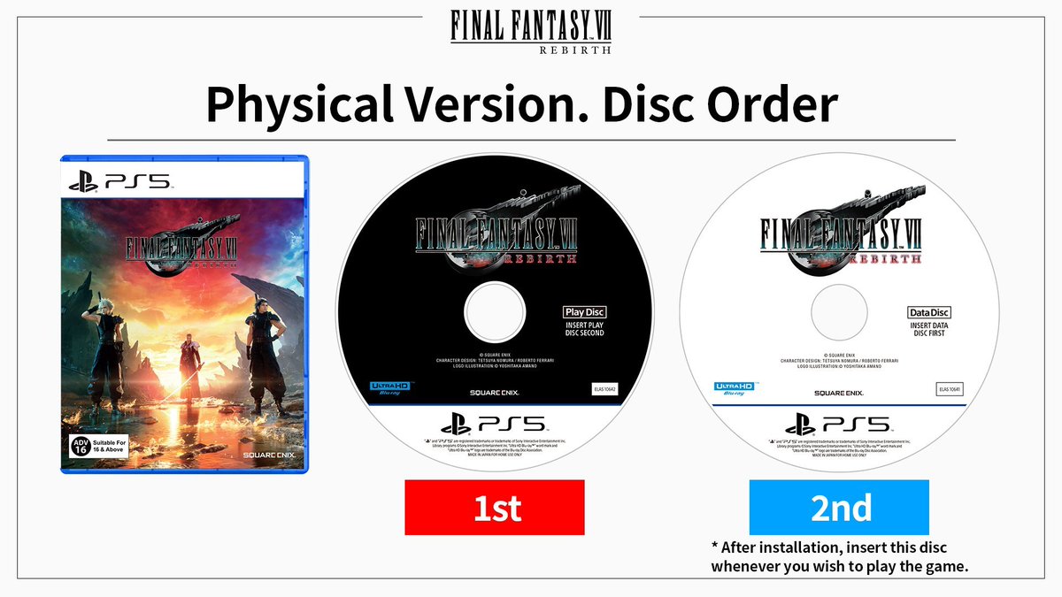 Final Fantasy VII Rebirth physical copies in Japan/Asia regions have a printing error - the data and play discs are swapped.

Users will have to insert the Play Disc to install the game and use the Data Disc to play the game
 gematsu.com/2024/02/final-…