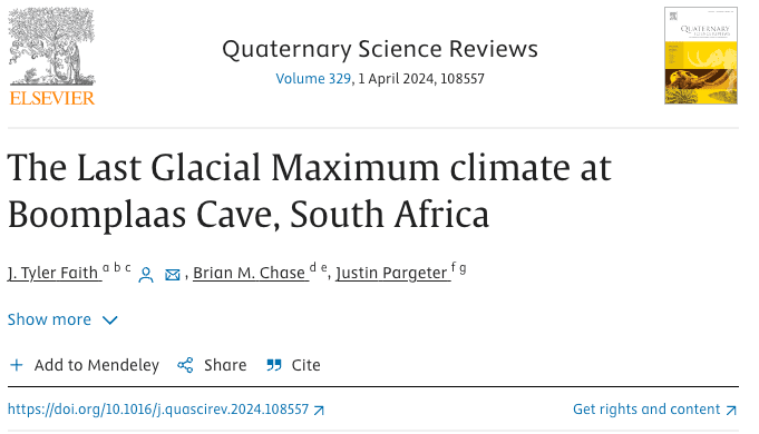 ❄️Curious about the Last Glacial Maximum (LGM) and its impact on southern Africa's climates, environments, and human evolution? Our new #Quaternary Science Reviews paper (tinyurl.com/mwcfh948) sheds light on this icy chapter at #Boomplaas Cave