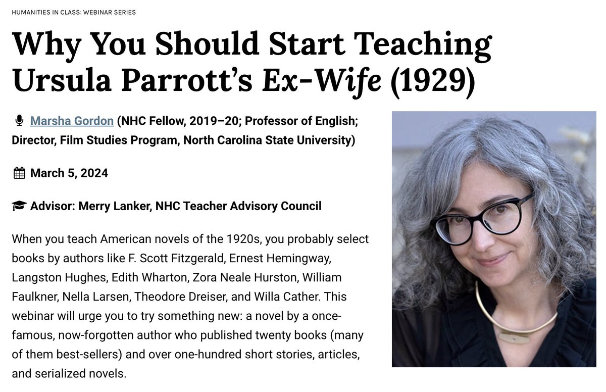 #College + #SecondaryEd #Lit Teachers: have I got a FREE @NatlHumanities #UrsulaParrott #webinar for you: 7pm Tues 3/5, with a side of continuing education credit! bit.ly/48vKBh7 #englishliterature #americanliterature #jazzage #littwitter #classiclit #englishmajor