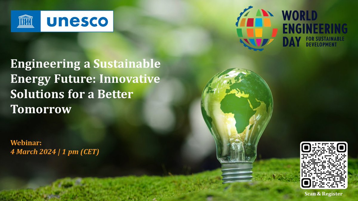 WFEO (@wfeo) on Twitter photo <a href="/UNESCO/">UNESCO 🏛️ #Education #Sciences #Culture 🇺🇳</a> organizes the webinar “Engineering a Sustainable Energy Future: Innovative Solutions for a Better Tomorrow” to celebrate #WorldEngineeringDay > 4 March from 1 to 2:30 PM CET
More info > shorturl.at/fijSX
#Engineers #Engineering <a href="/SustDev/">UN DESA Sustainable Development</a> <a href="/GlobalGoalsUN/">Global Goals</a> #Agenda2030 <a href="/UNESCO/">UNESCO 🏛️ #Education #Sciences #Culture 🇺🇳</a> organizes the webinar “Engineering a Sustainable Energy Future: Innovative Solutions for a Better Tomorrow” to celebrate #WorldEngineeringDay > 4 March from 1 to 2:30 PM CET
More info > shorturl.at/fijSX
#Engineers #Engineering <a href="/SustDev/">UN DESA Sustainable Development</a> <a href="/GlobalGoalsUN/">Global Goals</a> #Agenda2030