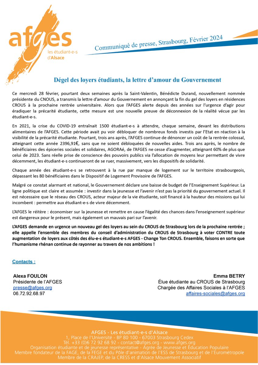 #CROUS | Non, la précarité n'est pas un mythe...
Et pourtant, le #Gouvernement vient d'annoncer le dégel des #loyers en résidences étudiantes !

Une belle déclaration d'amour du Gouvernement aux étudiantEs

📢 Nous demandons un nouveau gel des loyers au sein du <a href="/Croustrasbourg/">Crous de Strasbourg</a> !