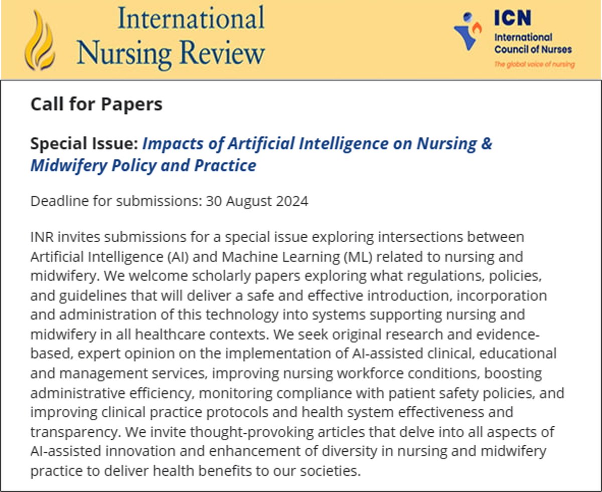 My colleagues @parveenazamali and Prof Tracey McDonald are editing a special issue @INR_Journal on AI in nursing and health care onlinelibrary.wiley.com/page/journal/1…