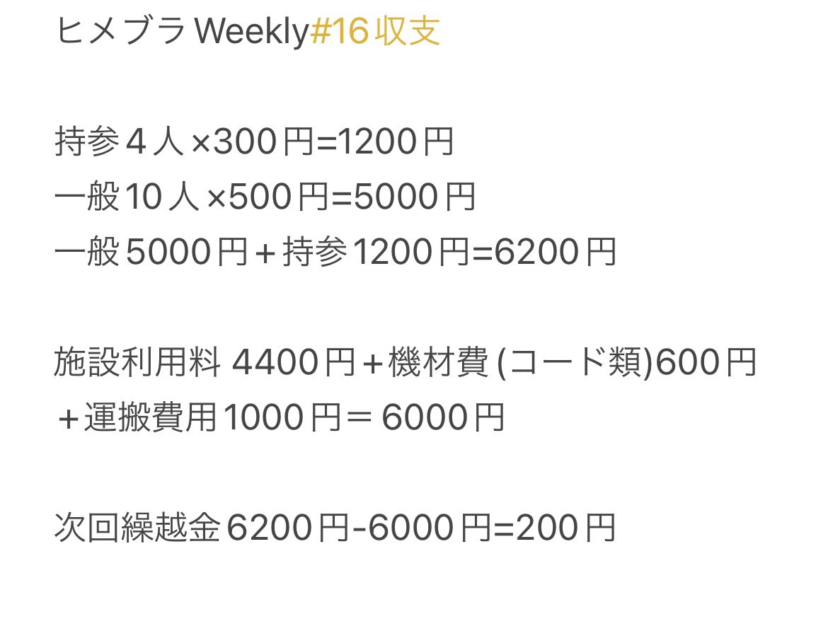 HimeburaWeekly's tweet photo. こちら今回の収支内訳となります。
プラスが出た場合は次回開催の繰越金、他参加者の還元をさせていただきます。 https://t.co/pczUvBQebv