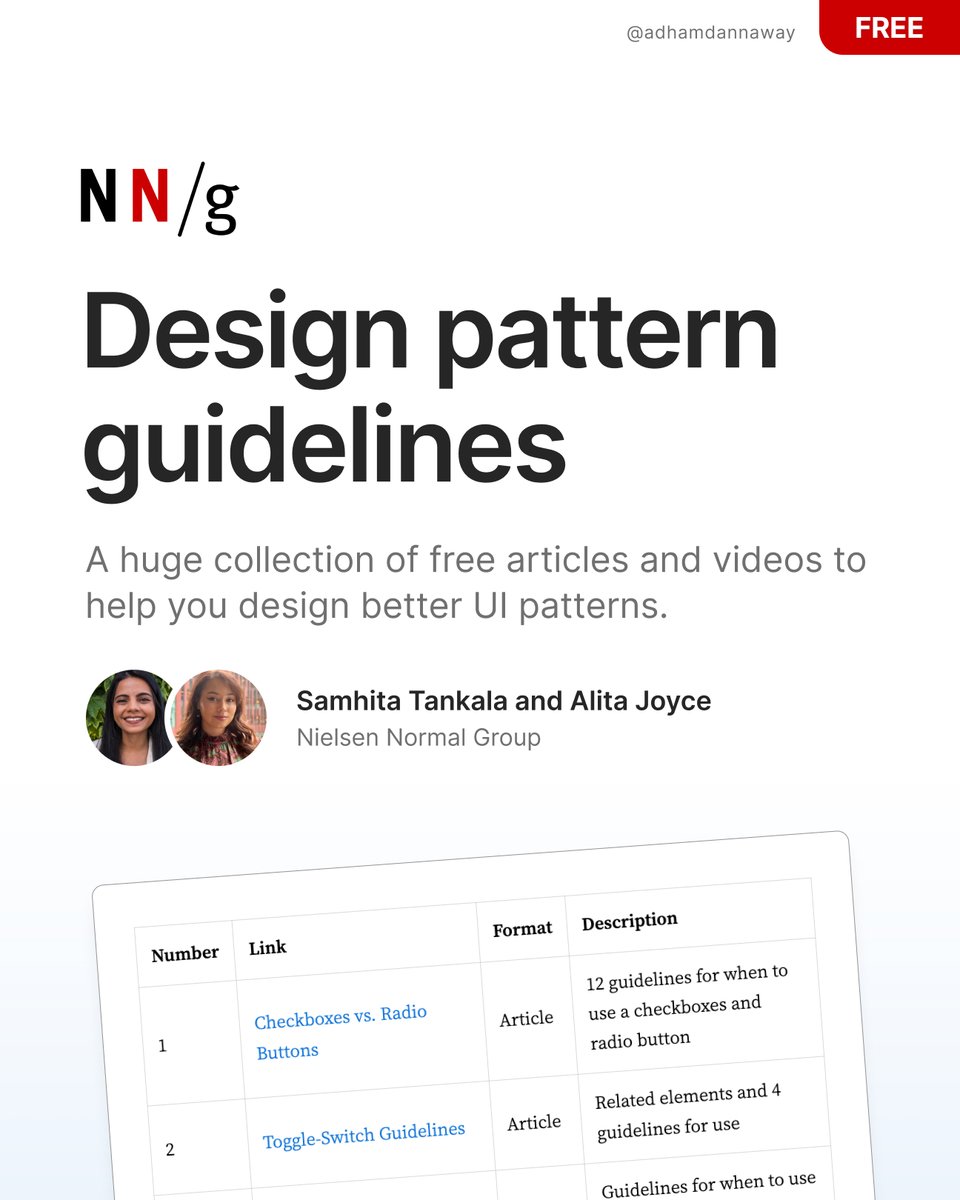 AdhamDannaway's tweet image. 💎 Design pattern guidelines

A huge collection of free articles and videos to help you design better UI patterns.

By @NNgroup

Link below 👇

#ux #uxdesign