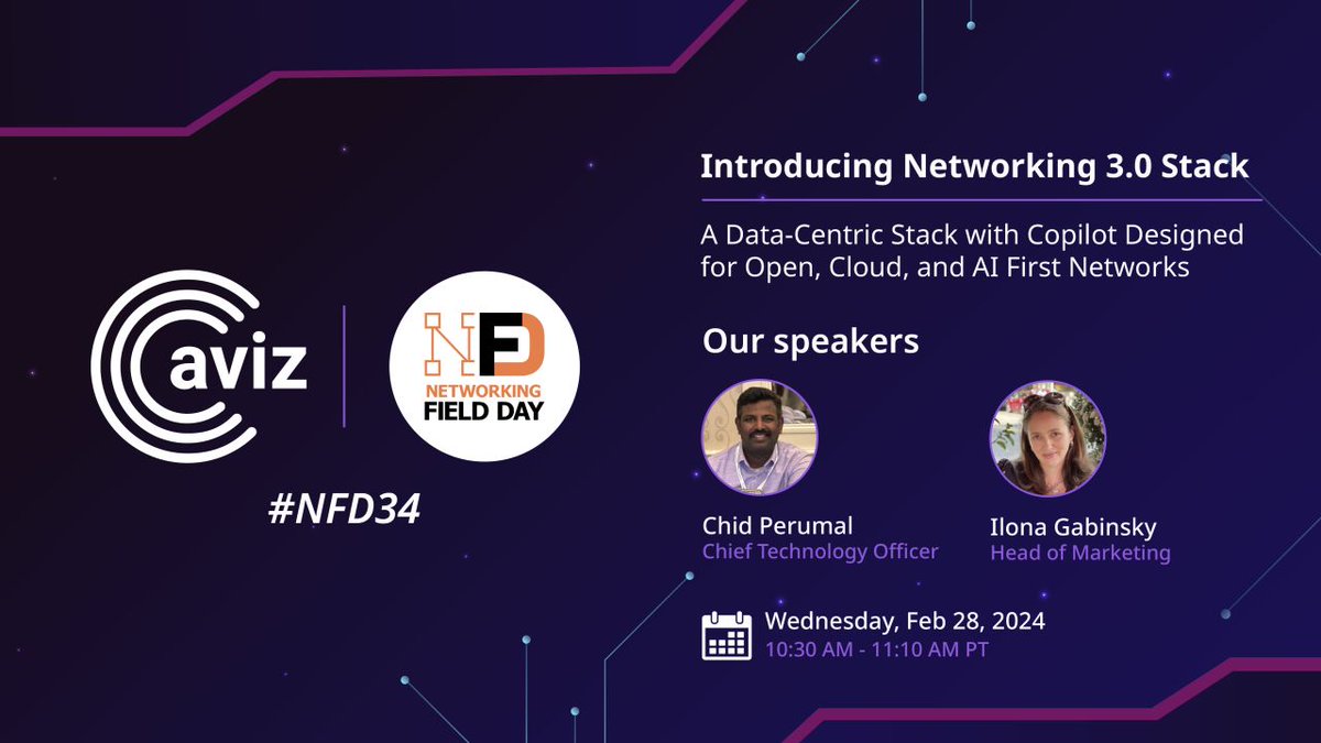 AvizNews's tweet image. Only 4 Hours to Go! Get ready for an electrifying experience at Networking Field Day 34!
Date: Wednesday, Feb 28, 2024
Time: 10:30 to 11:10 am PT

Watch the live stream at Link: hubs.li/Q02mvRr90 

#NetworkingFieldDay #AvizNetworks #TechEvents #NetworkingTech #EventSpeakers