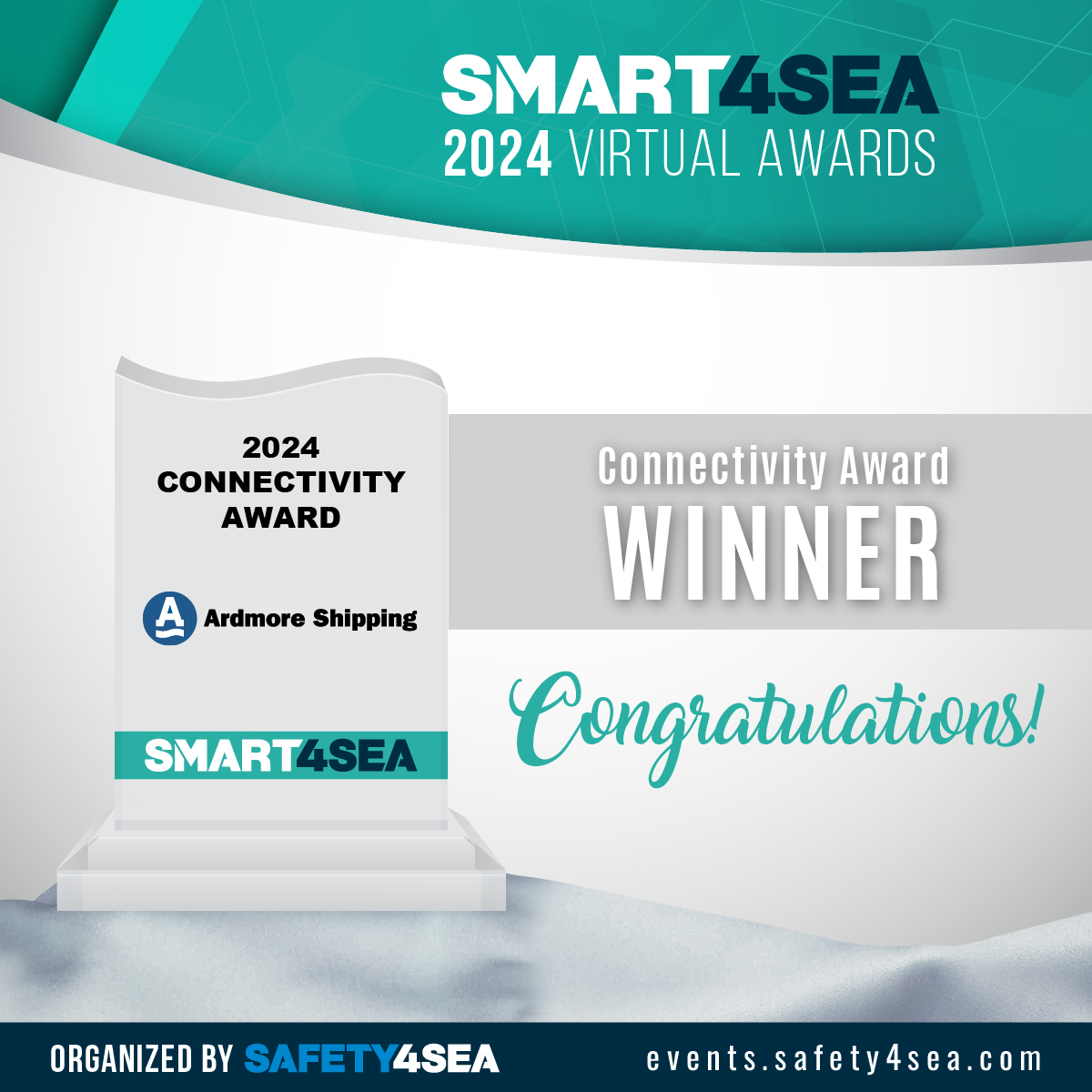 .@ArdmoreShipping  received the 2024 #SMART4SEA Connectivity Award for its 'Ardmore Crew's Got Talent' program that aims to foster #connectivity among crew members.

Congratulations 🎉👏

Capt. Yadu Bassi, Marine Personnel Manager, Ardmore Shipping, accepted the award.