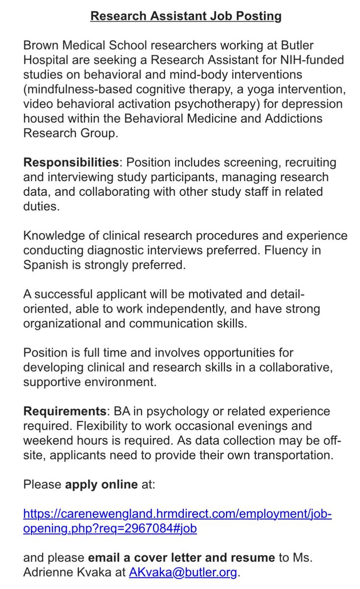 @LisaUebelacker and I are hiring a postbac Research Assistant to work on PCORI and NIH funded studies on behavioral and mind-body interventions for depression. See attached job description and link to apply. RT’s appreciated- Please share widely. carenewengland.hrmdirect.com/employment/job…