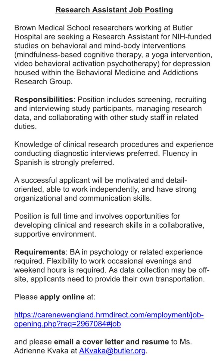 DrKraines's tweet photo. @LisaUebelacker and I are hiring a postbac Research Assistant to work on PCORI and NIH funded studies on behavioral and mind-body interventions for depression. See attached job description and link to apply. RT’s appreciated- Please share widely. 
https://t.co/s9zuQi0Dfi https://t.co/7uBIbSqaR3