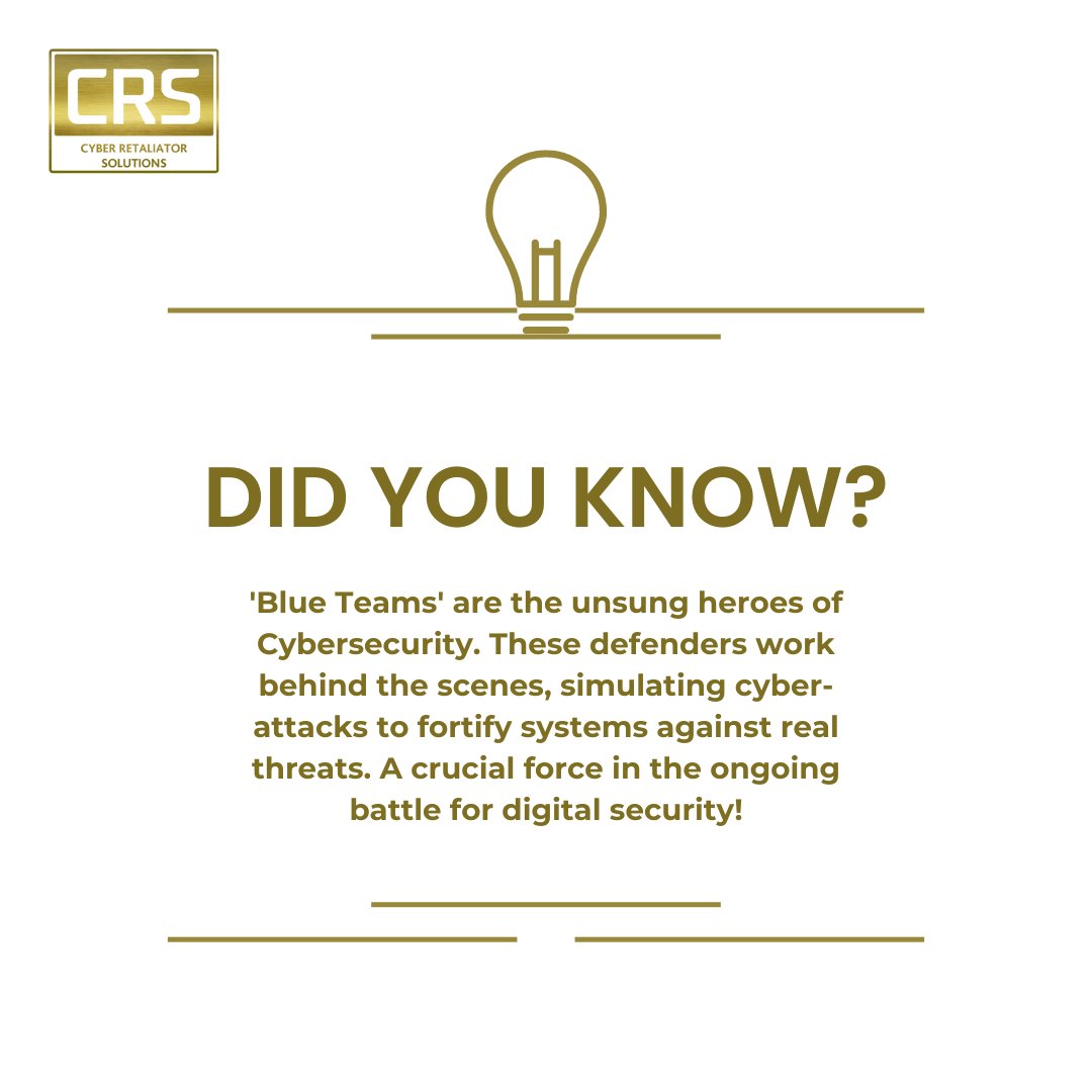 CRS_Cyber's tweet image. Discover Cybersecurity Secrets!

&apos;Blue Teams&apos;—Silent Defenders simulating Cyber-Attacks to Fortify Systems. A crucial force in our ongoing battle for Digital Security!

#AlwaysWinning #CyberInsights #BlueTeam #InfoSec #DigitalDefense #CRS