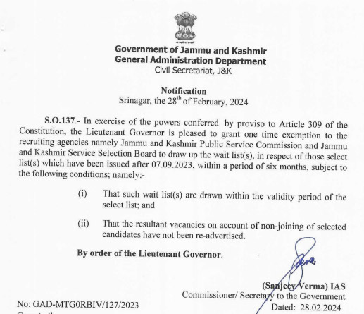 J&K | One time exemption to the recruiting agencies ie #JKPSC/ #JKSSB to draw up wait list