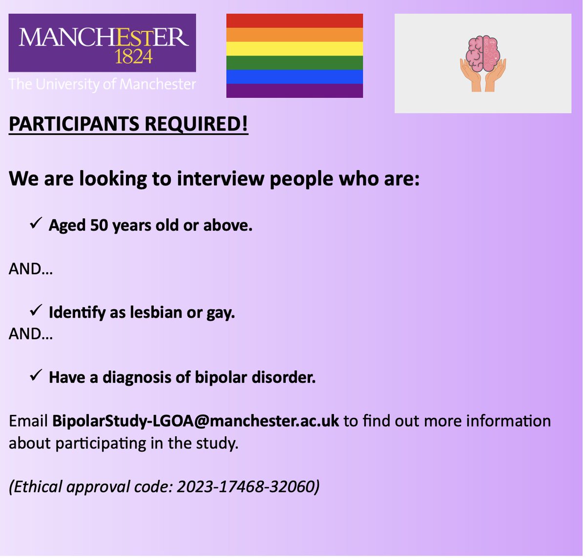 Research opportunity!! Do you have a diagnosis of bipolar disorder? Do you identify as cisgender and lesbian or gay? Are you aged 50+? We would love to hear from you! Check out the poster below and email to express your interest in taking part.