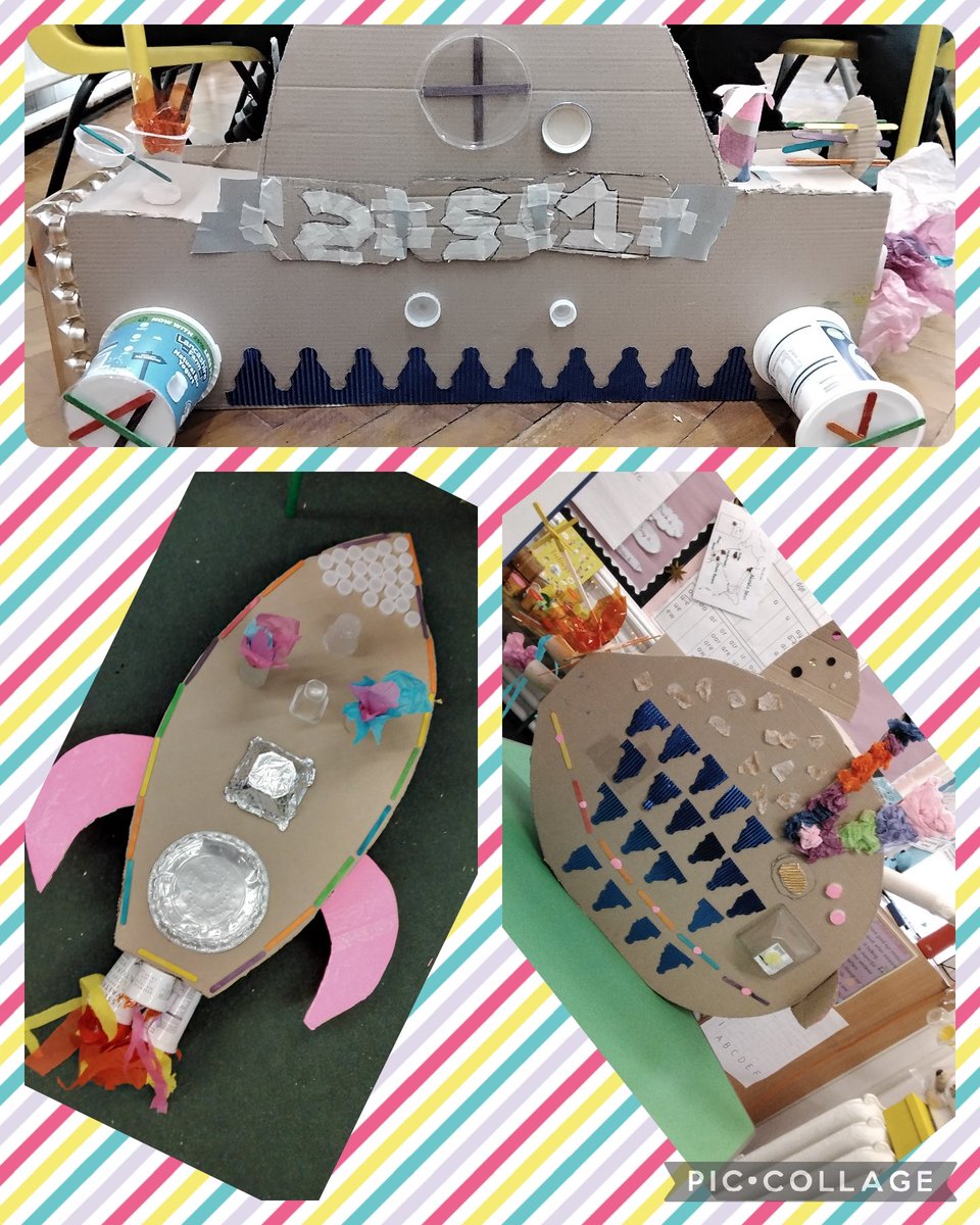 Our final art projects in 2S. We have designed and made a rocketship, a submarine and a car using totally recycled materials #year2 #artisinresidence