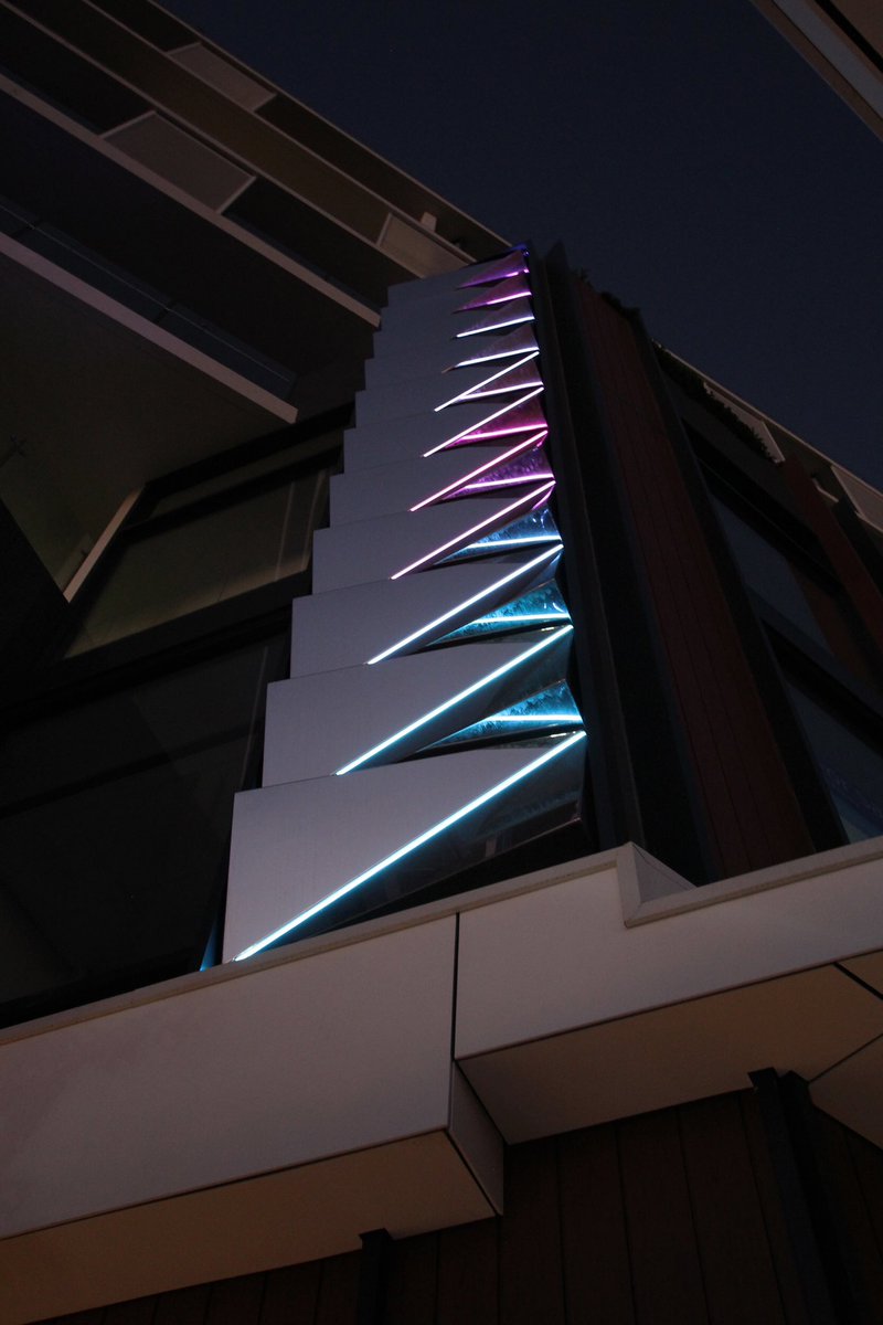 Sean van der Poel’s ‘Milieu’ public art on Megara’s The Foundry Leederville development on Newcastle Street. Both works include integrated lighting which dynamically interacts with + responds to passing vehicle &amp; pedestrian movement. Public Art Management by NOMA* #publicart