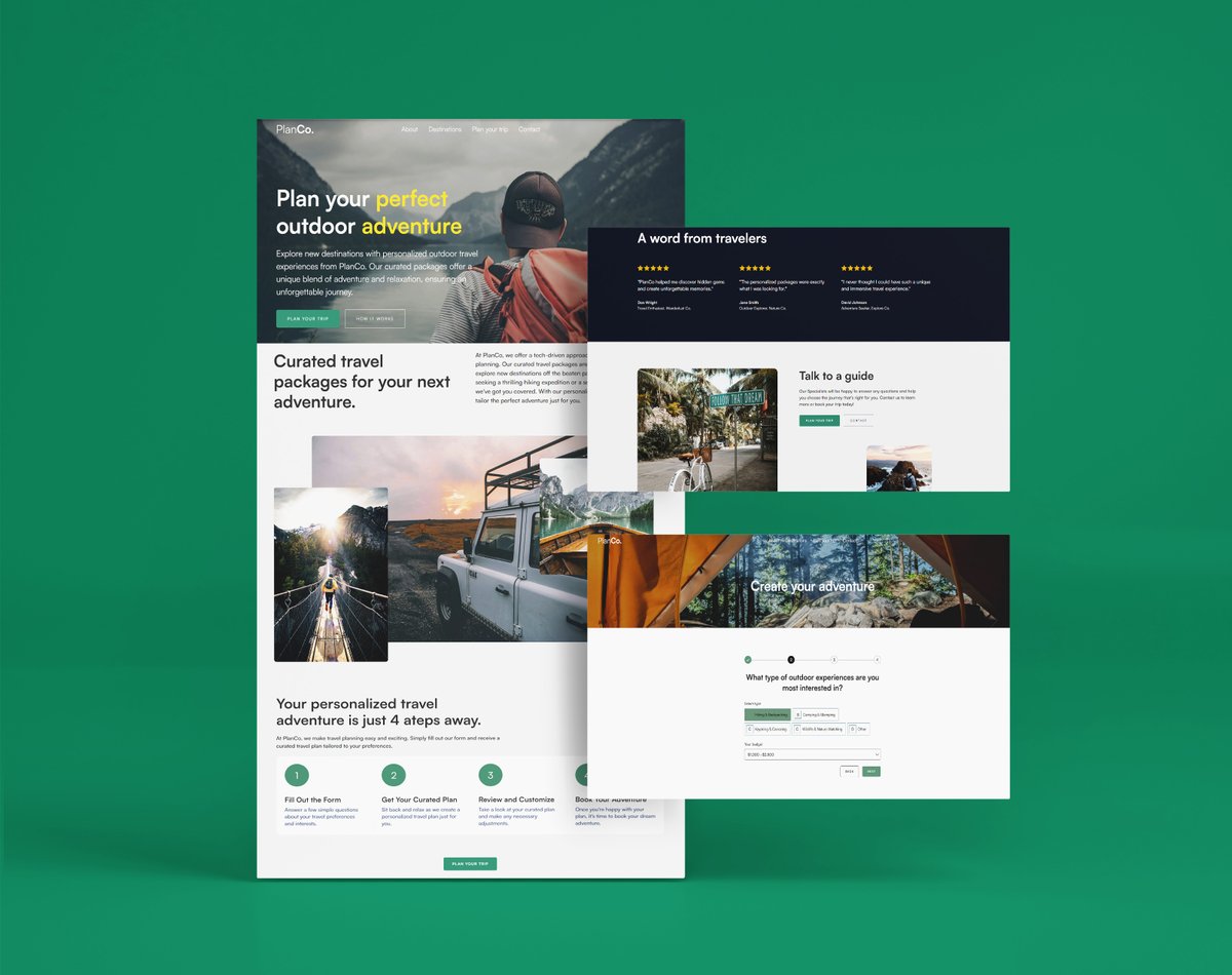 Web design and development for PlanCo, an outdoor travel planning agency, helps people get in touch with nature and discover new locations by filling out a form and getting a personalized planned trip for them.
Check out the live website: myplanco.webflow.io

#madeinwebflow