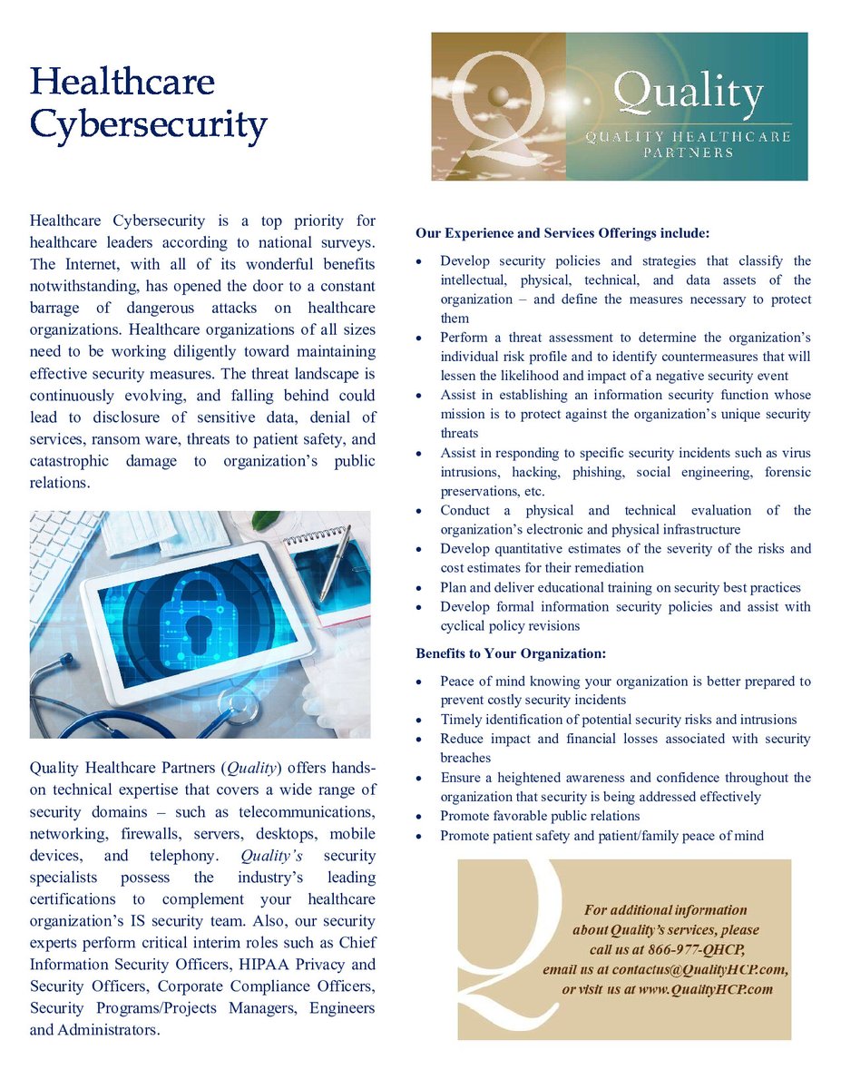 QualityHCP's tweet image. Choose Quality Healthcare Partners for robust cybersecurity solutions – because your organization&apos;s safety and reputation deserve the best! #HealthcareCybersecurity #PatientSafety #DigitalHealthProtection