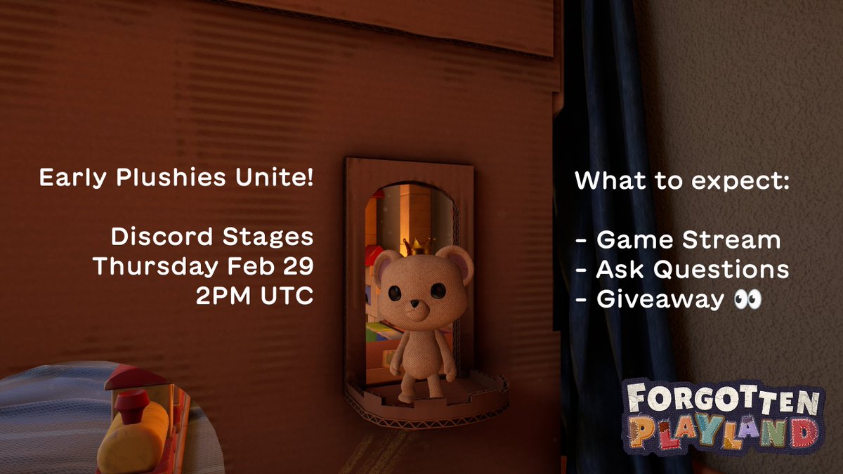 Calling all early Plushies ☎️ An exclusive Discord Stages is happening tomorrow where we show you a first glimpse of the latest build of the game 🎯 📆 Thurs 29th of February 2PM UTC 🎁 Exclusive giveaway discord.gg/forgottenplayl…